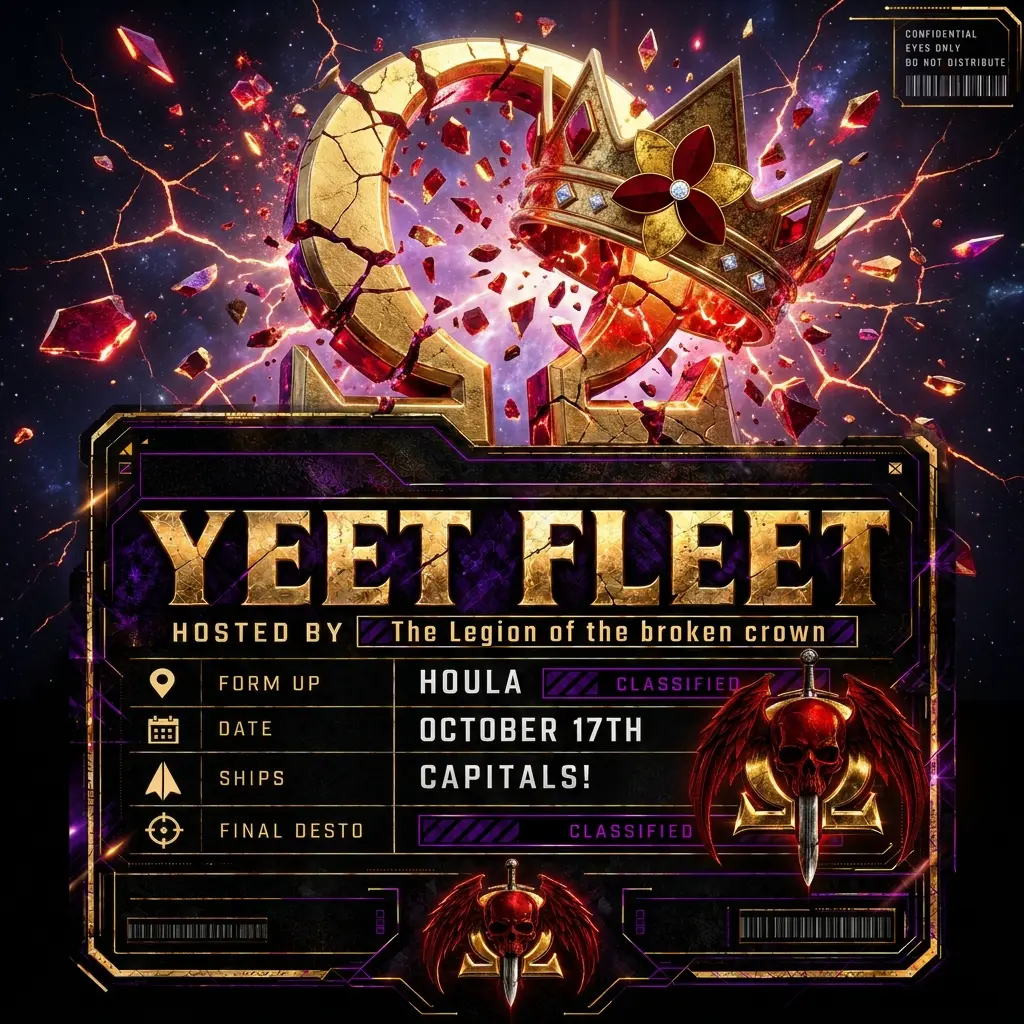 Yeet Fleet hosted by the Legion of the Broken Crown: form up in Houla, October 17, capital ships, final destination classified.